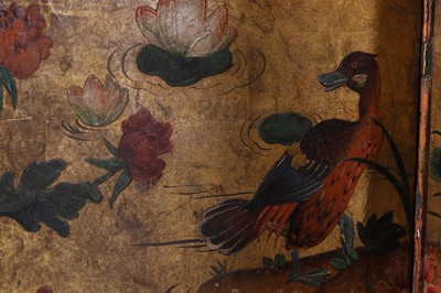 Lot 16 - A painted and gilt leather folding screen