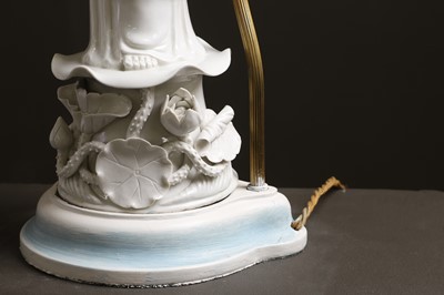 Lot 13 - A pair of blanc de Chine porcelain figural table lamps