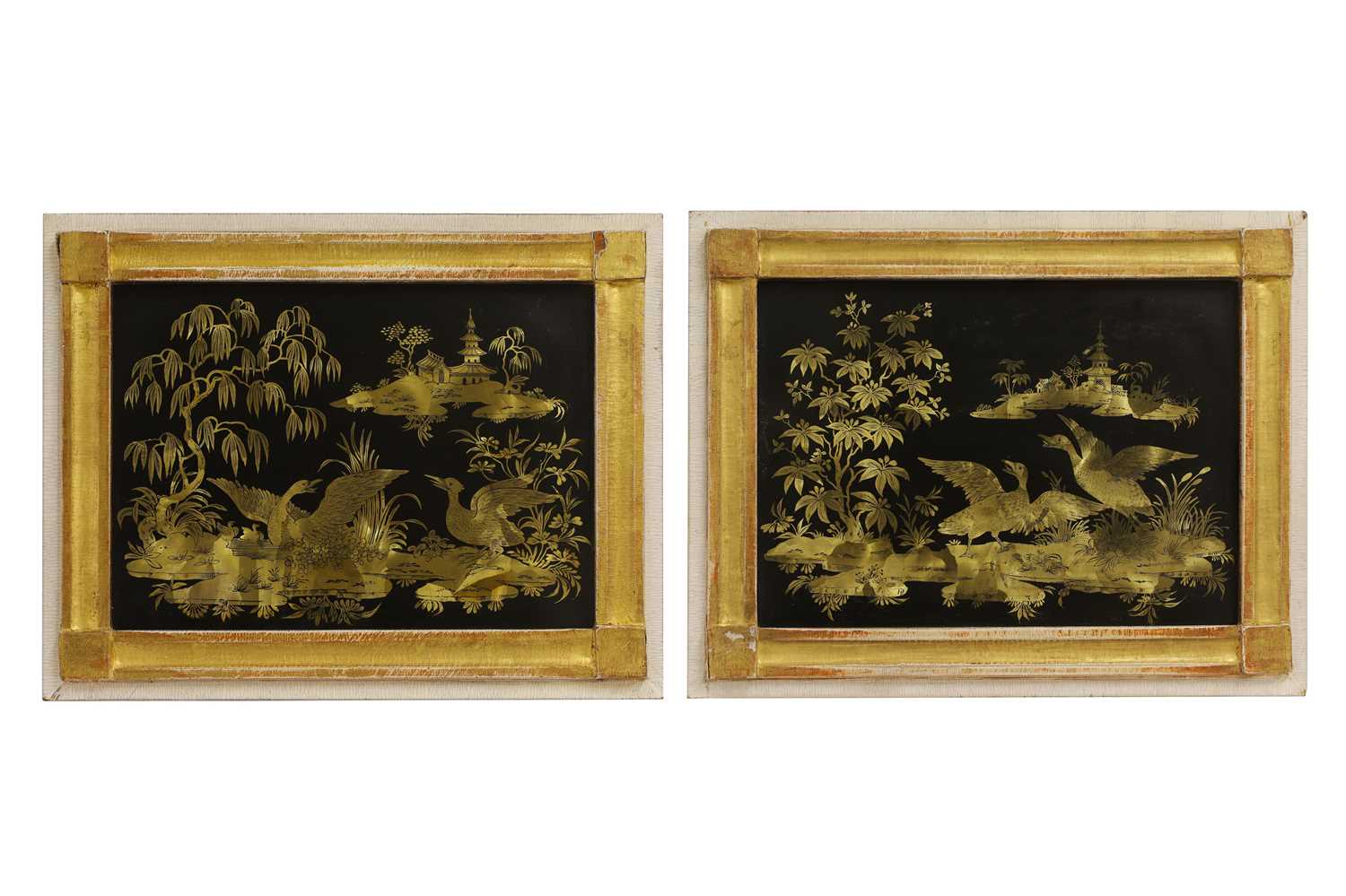 Lot 12 - A pair of export parcel-gilt and black lacquer panels
