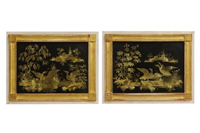 Lot 12 - A pair of export parcel-gilt and black lacquer panels