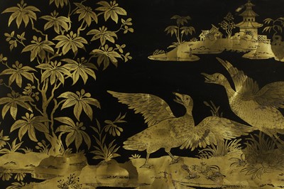 Lot 12 - A pair of export parcel-gilt and black lacquer panels