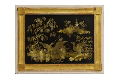 Lot 12 - A pair of export parcel-gilt and black lacquer panels