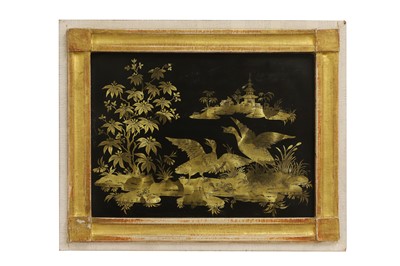 Lot 12 - A pair of export parcel-gilt and black lacquer panels