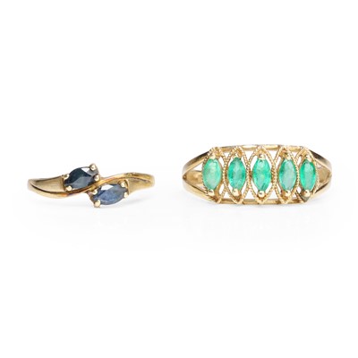 Lot 1159 - A 9ct gold emerald five stone ring and a 9ct gold sapphire ring