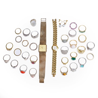 Lot 1226 - A collection of gold and silver rings and two quartz watches