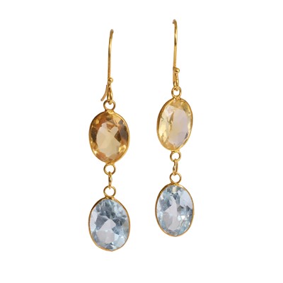 Lot 1110 - A pair of citrine and blue topaz drop earrings