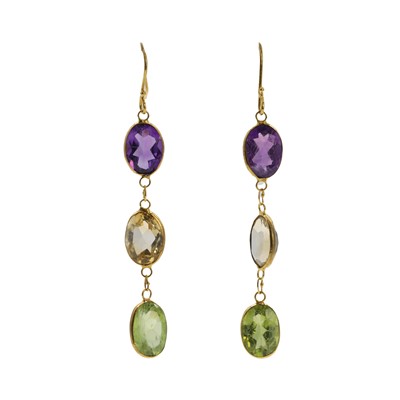 Lot 90 - A pair of multi gemstone drop earrings