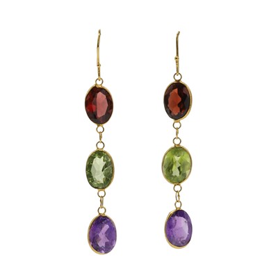 Lot 92 - A pair of multi gemstone drop earrings