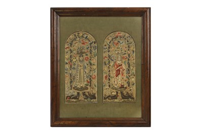 Lot 463 - A pair of silk and metal thread embroidered panels