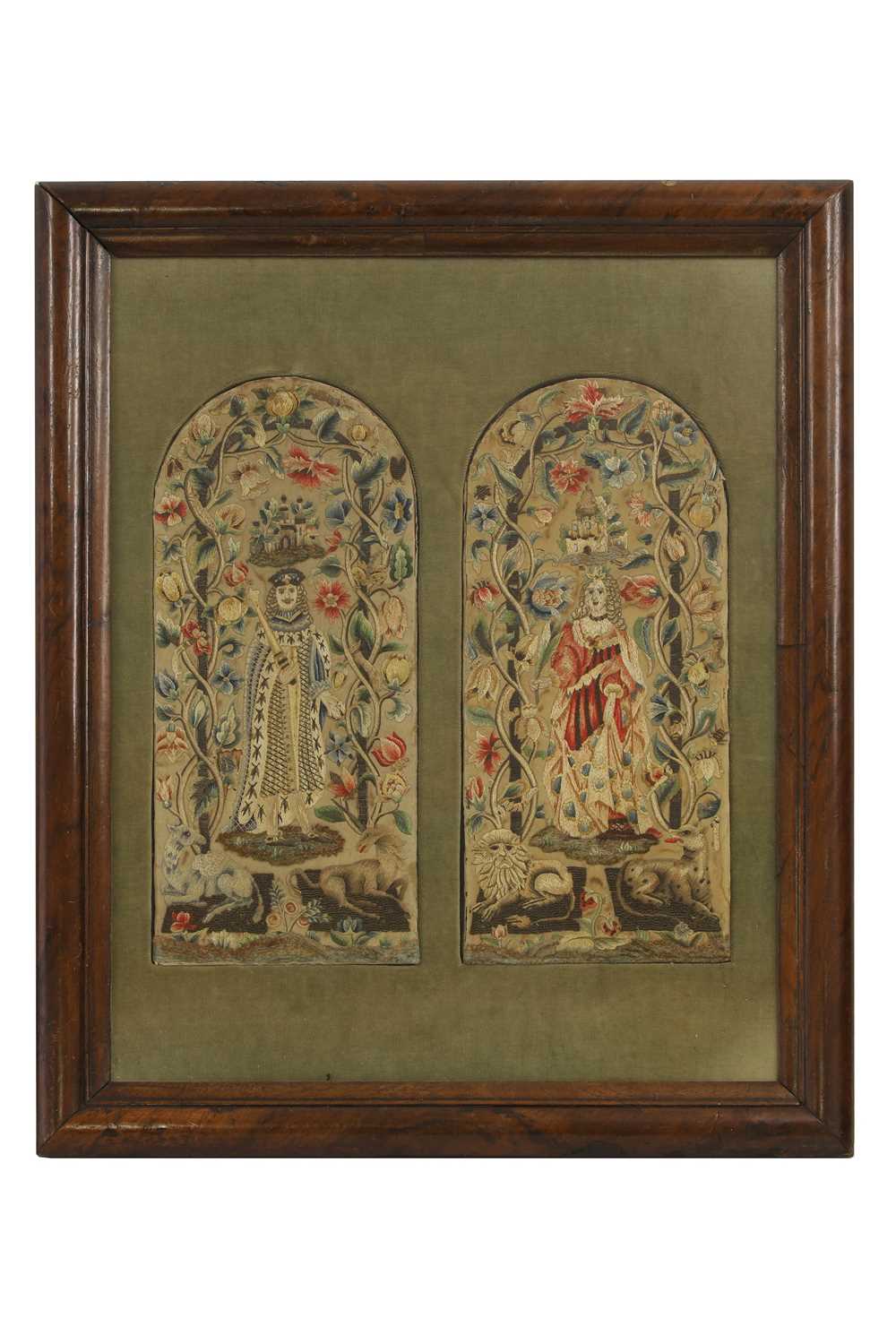 Lot 463 - A pair of silk and metal thread embroidered panels