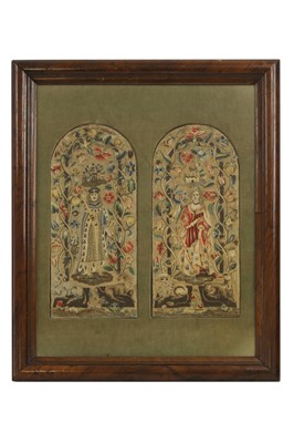 Lot 463 - A pair of silk and metal thread embroidered panels