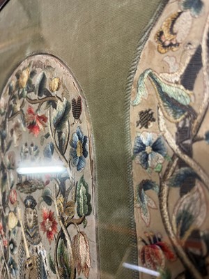 Lot 463 - A pair of silk and metal thread embroidered panels