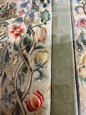 Lot 463 - A pair of silk and metal thread embroidered panels
