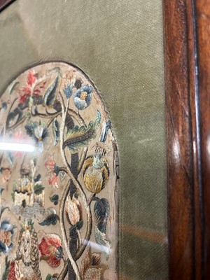 Lot 463 - A pair of silk and metal thread embroidered panels