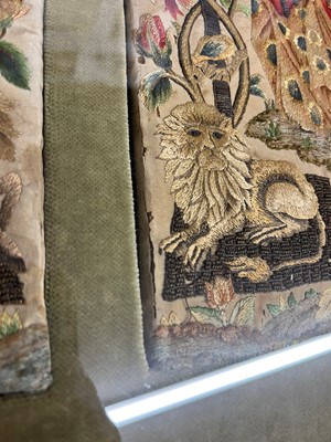 Lot 463 - A pair of silk and metal thread embroidered panels