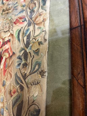 Lot 463 - A pair of silk and metal thread embroidered panels