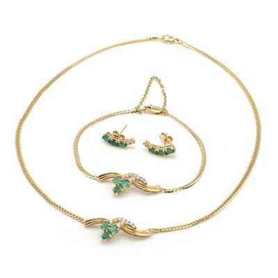 Lot 110 - An 18ct gold emerald and diamond earrings, necklace and bracelet set
