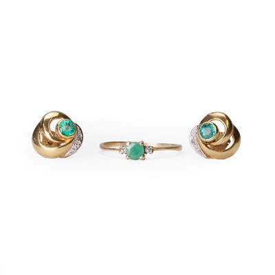 Lot 1160 - A 9ct gold emerald ring and a pair of emerald and diamond stud earrings