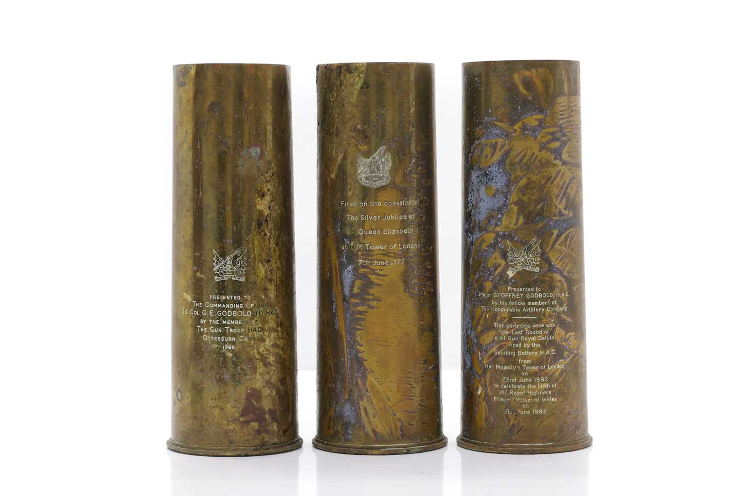 Lot 381 - Three brass commemorative artillery shell casings