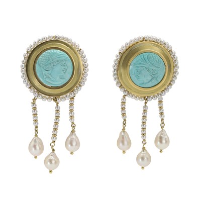 Lot 149 - A pair of Italian gold, turquoise cameo and cultured pearl clip-on earrings