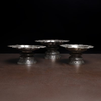 Lot 223 - Three Thai white-metal footed offering dishes