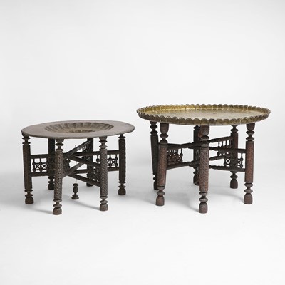 Lot 27 - Two Benares-type brass and carved wooden folding tables