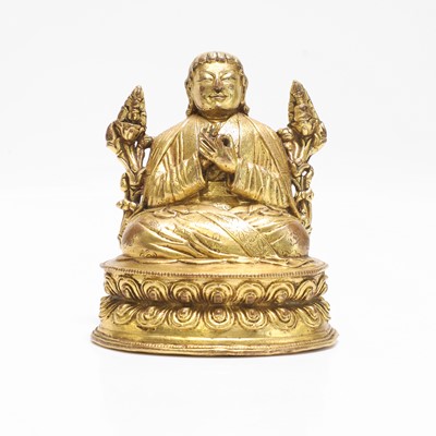 Lot 308 - A Sino-Tibetan gilt-copper seated figure of the Lama Tsongkhapa