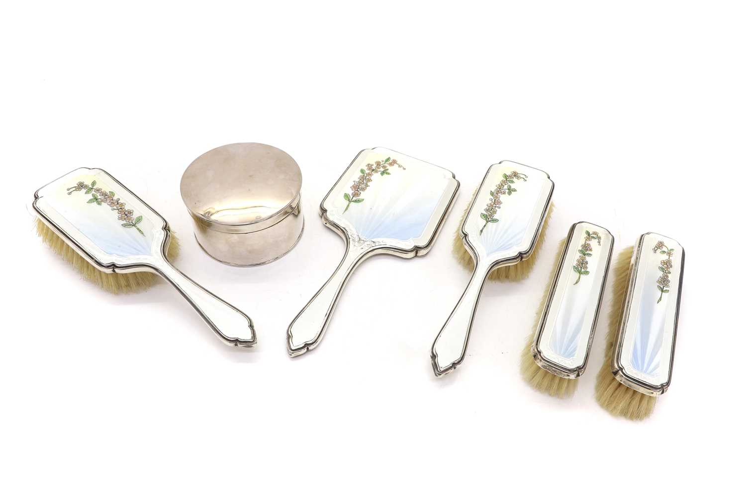 Lot 8 - A set of silver and enamel dressing table items