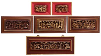 Lot 143 - A group of six Chinese lacquer carved wood panels