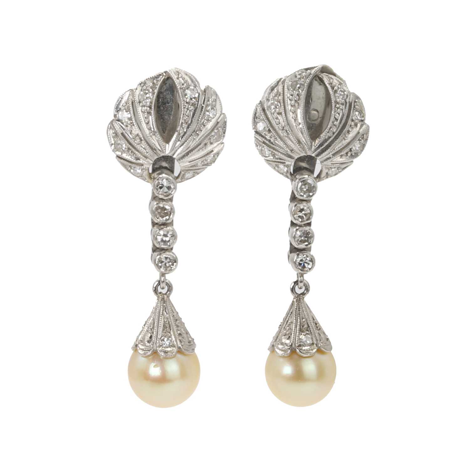 Lot 57 - A pair of cultured pearl and diamond earrings