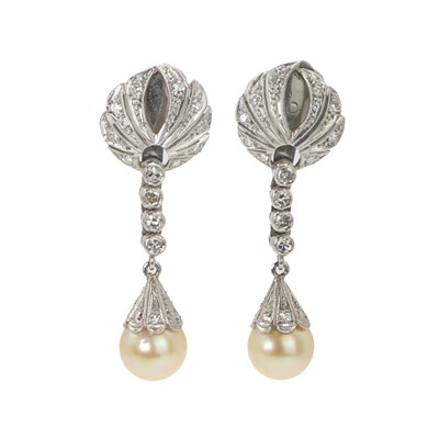 Lot 57 - A pair of cultured pearl and diamond earrings