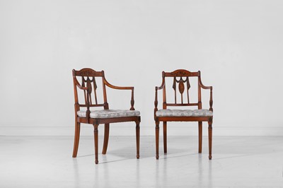 Lot 33 - A pair of George III-style painted satinwood elbow chairs
