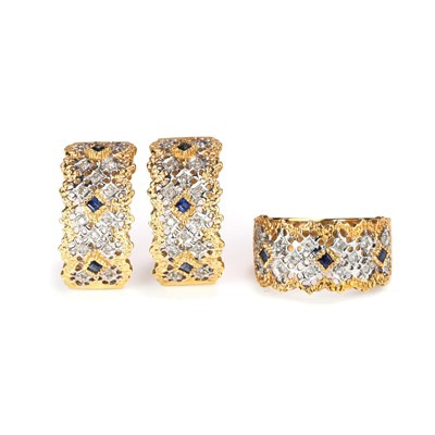 Lot 1172 - A two colour gold sapphire and diamond ring and earrings set