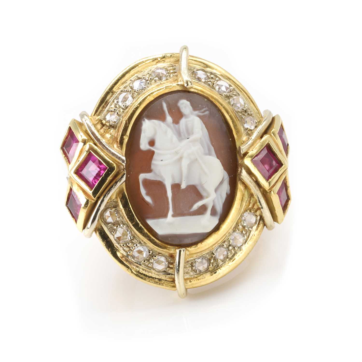 Lot 147 - A gold, shell cameo, ruby and diamond ring, by Angela Puttini