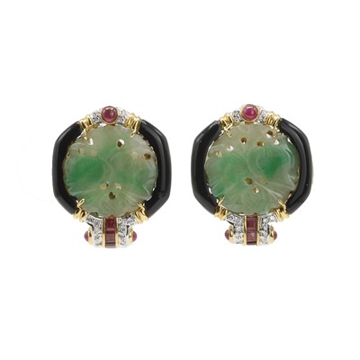 Lot 164 - A pair of carved jade, onyx, ruby and diamond clip-on earrings