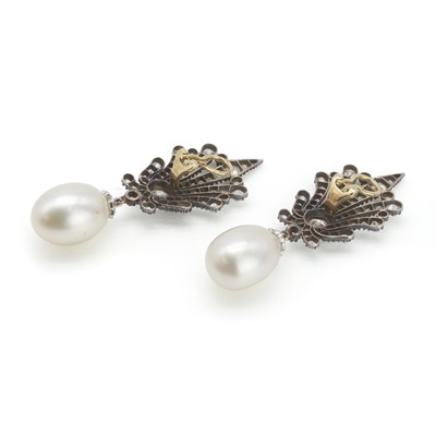 Lot 56 - A pair of cultured pearl and old cut diamond pendant earrings