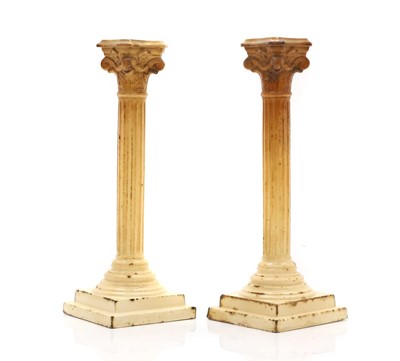 Lot 103 - A pair of saltware Corinthian column candlesticks