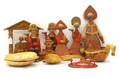 Lot 313 - A collection of Russian Khokhloma painted kitchen wares and toys