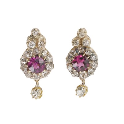 Lot 117 - A pair of pink tourmaline and diamond drop earrings