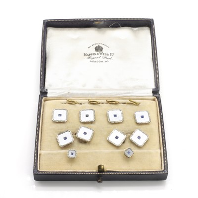 Lot 258 - A mother-of-pearl and sapphire dress set, retailed by Mappin & Webb