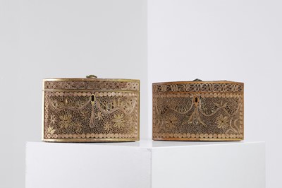 Lot 378 - A near pair of George III-style paper scroll tea caddies