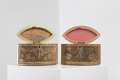 Lot 378 - A near pair of George III-style paper scroll tea caddies