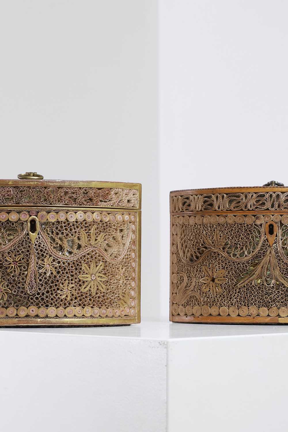 Lot 378 - A near pair of George III-style paper scroll tea caddies