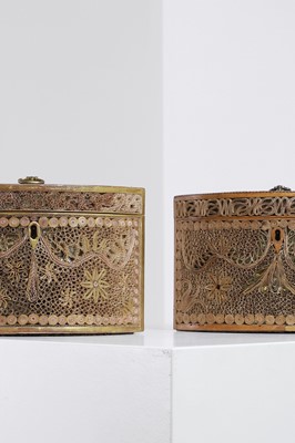 Lot 378 - A near pair of George III-style paper scroll tea caddies