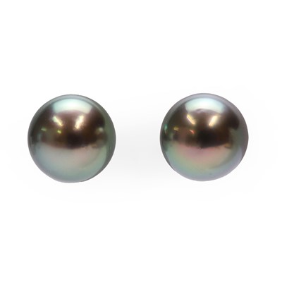 Lot 1136 - A pair of cultured black South Sea pearl stud earrings, by Mikimoto