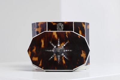 Lot 388 - A George III tortoiseshell, ivory and mother-of-pearl inlaid tea caddy