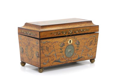 Lot 301 - A painted satinwood tea caddy