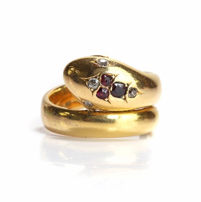 Lot 1020 - A ruby and diamond set snake ring
