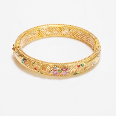Lot 170 - A Chinese gold enamel and mother-of-pearl bangle, by Liufu