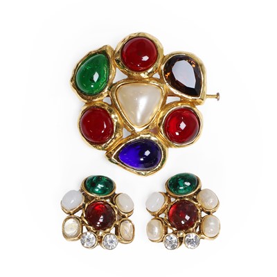 Lot 1114 - A gilt metal faux pearl, gripoix cabochon brooch and clip earrings set, by Chanel